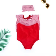 Пляжная одежда для маленьких девочек; летняя одежда; повязка на голову; купальник в полоску с открытой спиной