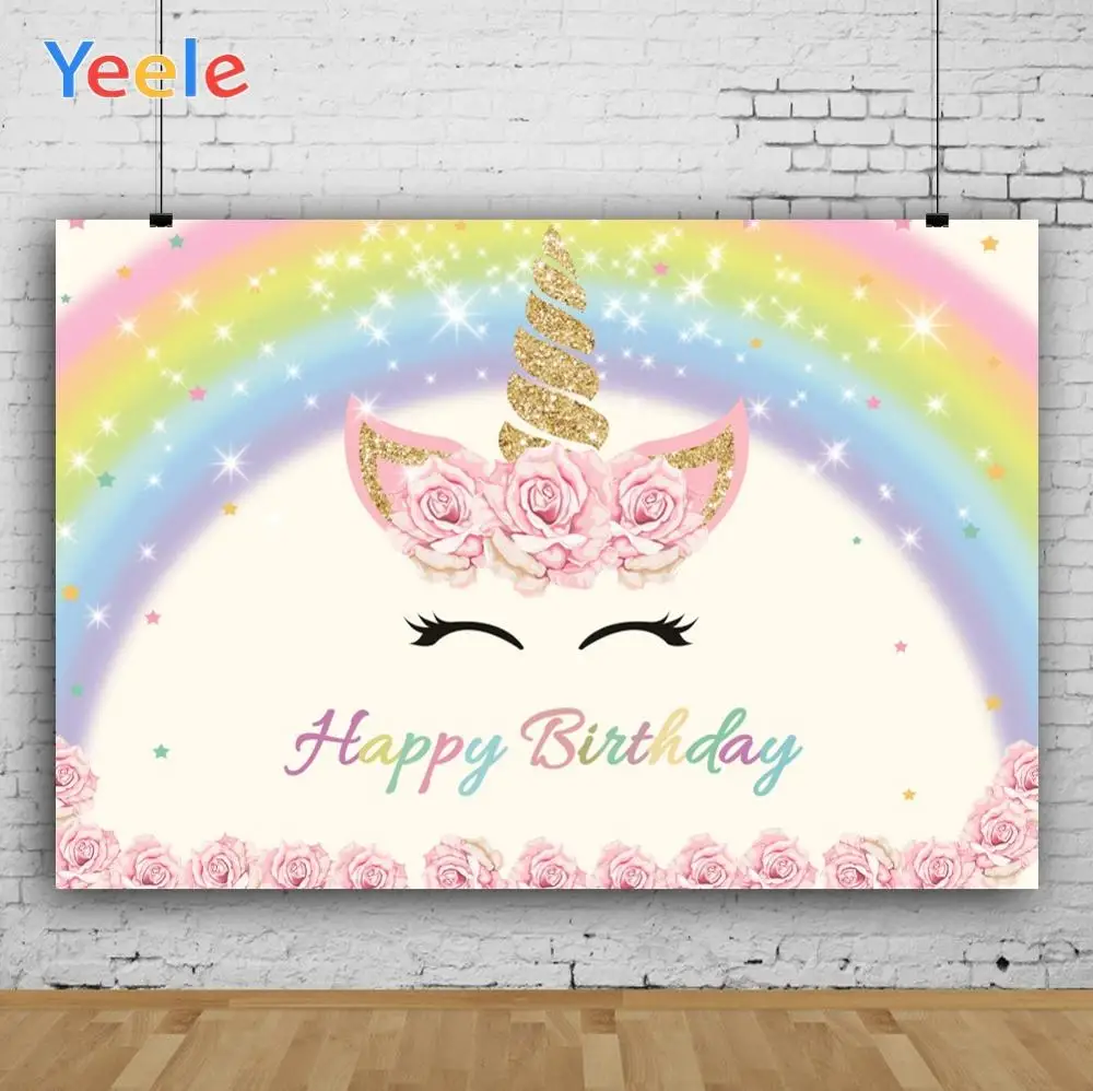 Yeele Unicorn Rainbow Flowers Glitters Baby Birthday Photography Backgrounds Customized Photographic Backdrops for Photo Studio