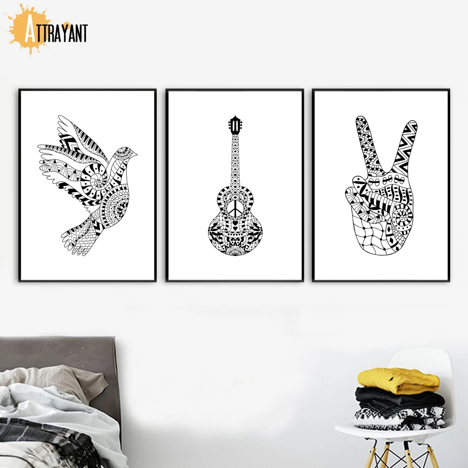 

Abstract Hand Painted Gesture Guitar Pigeon Wall Art Canvas Painting Nordic Posters And Prints Wall Pictures For Bedroom Decor