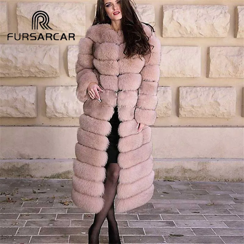 Женская шуба из натурального Лисьего меха FURSARCAR длинная Съемная 120 см Толстая