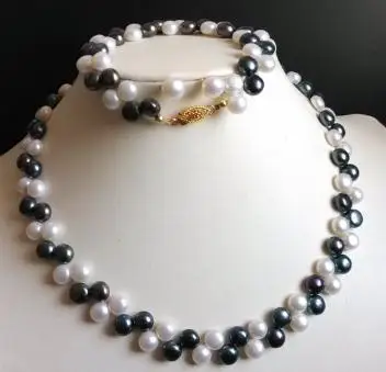 

Birthday Jewelry Set 17/7.5 inch 7-8mm White Black Color Freshwater Pearl Necklace Bracelet Earrings