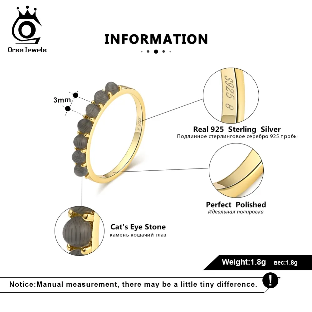 ORSA JEWELS Authentic 925 Sterling Silver Rings For Female Top Quality Cat's Eye Stone Wedding Band Fashion Women Jewelry SR68-G