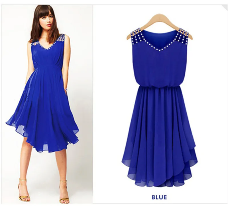 2017 Summer Sundress Sleeveless Dress Vestido Chiffon V Neck Diamonds Blue Casual Pleated Sexy Work Office Dresses Plus Big Size (4)