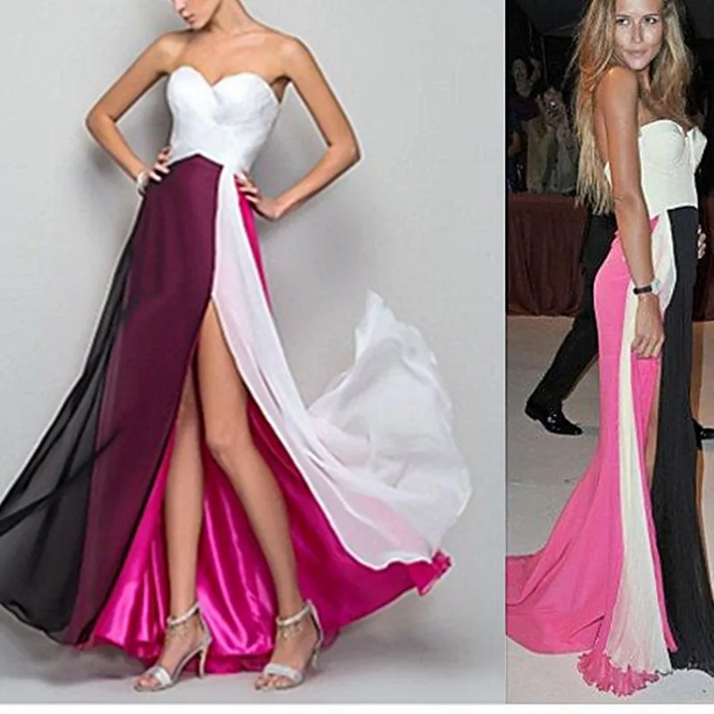 Fucsia Color de La Mezcla de moda Blanco Negro Sexy Vestidos de Noche 2016 Largo Vestidos