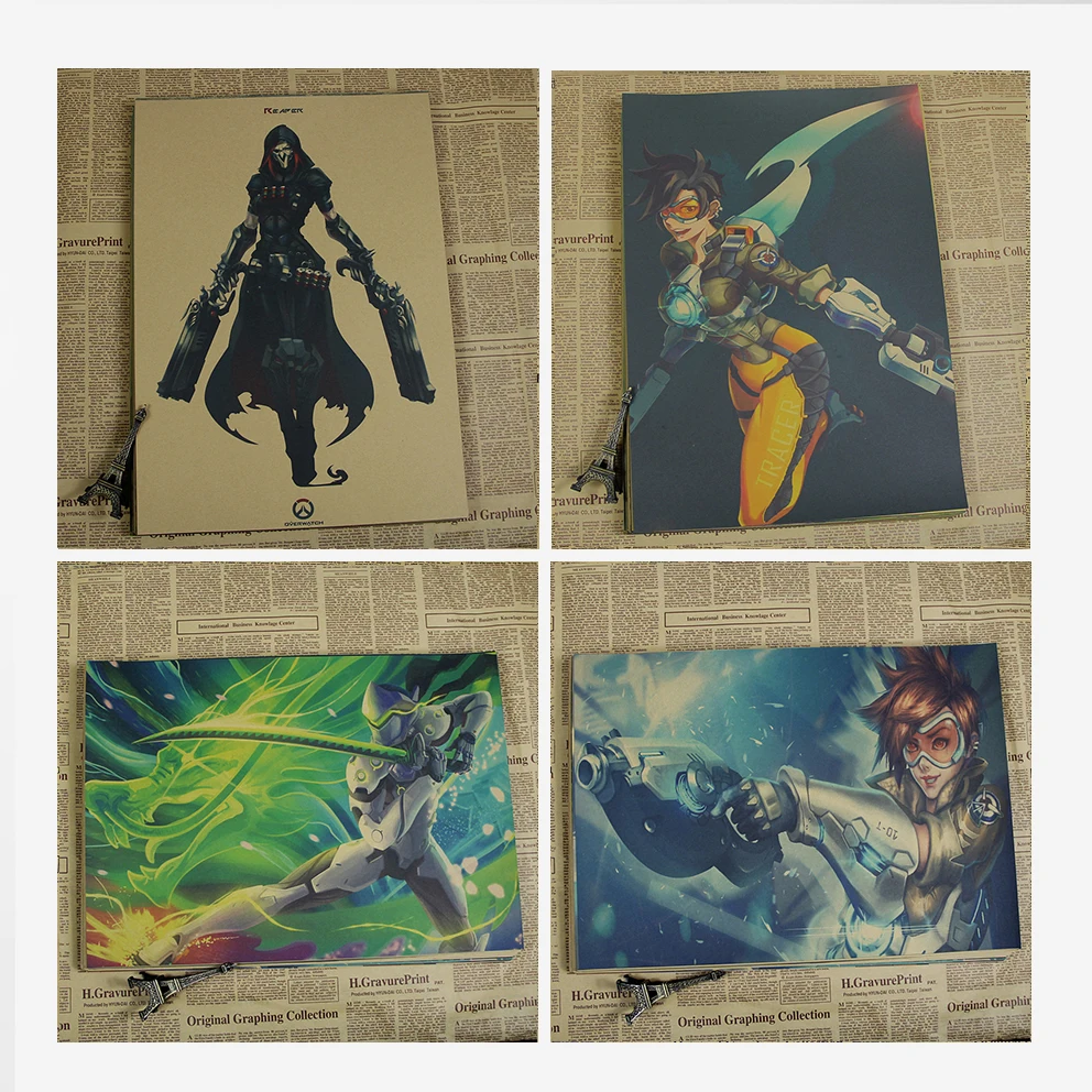 

Overwatch OW Game Poster Wall Stickers Home Decoration Painting Vintage Kraft Paper Tracer Mei Genji Reaper D.Va Posters