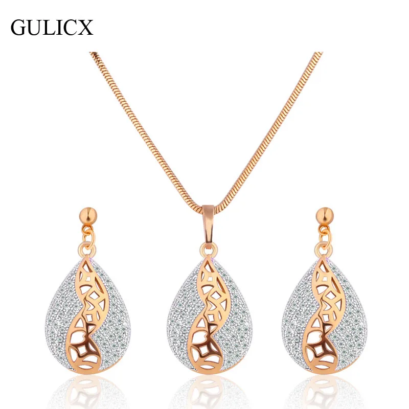 

GULICX Fashion Gold-color Engagement Jewelry Sets for Women Crystal Zircon Teardrop Pendant Necklace Earrings T024