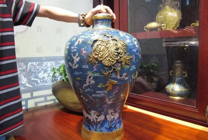 Regius 100% Pure Bronze перегородчатой 24 К Золотой дворец красный венценосный журавль jar горшок ваза
