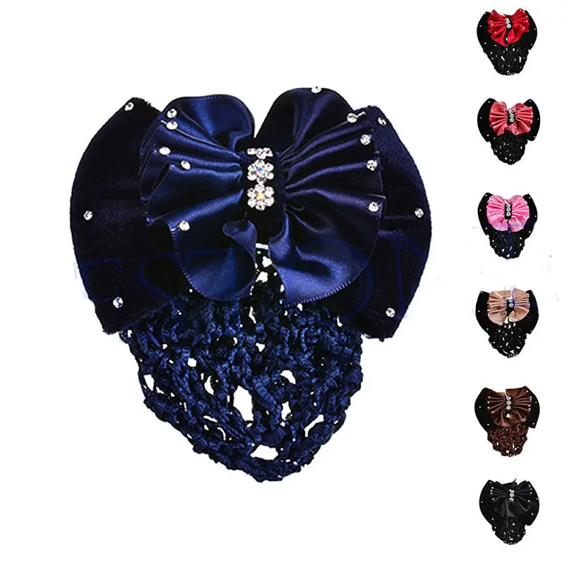 Popular Lady Bow Rhinestone Barrette Hair Clip Net Cover Bowknot Net