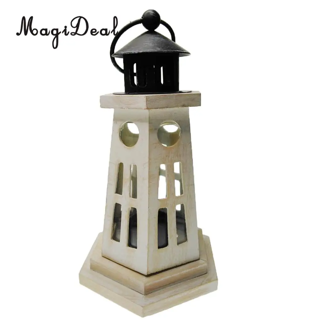 Wooden Lighthouse Light Tower Candle Holder Tea Light Lampshade Tabletop Decor Ornament Carved Handcraft	