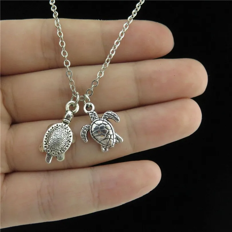 

GLOWCAT Q1A79 Silver Alloy Two Sea Turtle Tortoise Pendant Short Collar Necklace 18" Ocean