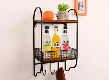 

European style wall solid wood partition shelf rack. The living room iron art wall hang. A word shelf hanging wall cabinet..070