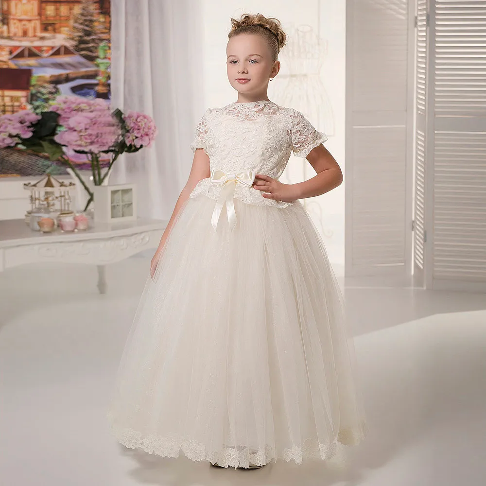 

Ivory White New Flower Girl Dresses Lace with Bow O-neck Formal Belt Pageant Dresses for Girls Glitz Vestidos Longo Custom Size