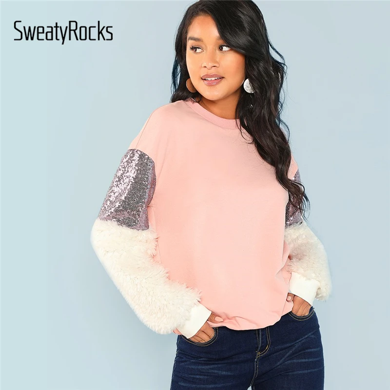 

SweatyRocks Casual Contrast Faux Fur Sleeve Sweatshirt Women Jumper Long Sleeve Sporting Pullovers Sweatshirts 2018 Autumn Tops