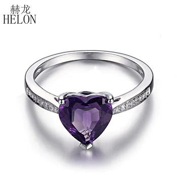 

HELON 1.6ct Heart Shape 8x8mm Amethyst Solid 14K White Gold Pave Natural Diamonds Engagement Wedding Women's Fine Jewelry Ring