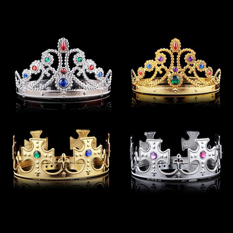 

10pcs/lot Queen and King Crown Hairband With Acrylic Stone Golden and Silver Color Plastic Adustable Size For Adult and Children