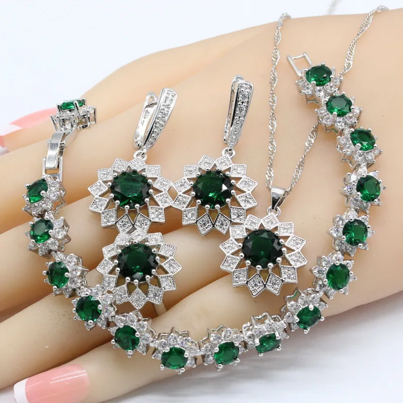 

Green Crystal White Zirconia 925 Silver Wedding Jewelry Sets For Women Necklace Pendant Earrings Rings Bracelets
