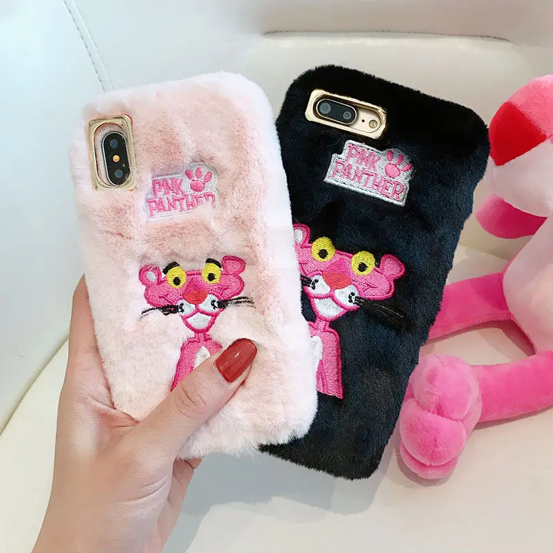 Embroidery Pink Panther Fluffy Fur Case For iPhone XS MAX Case Cute