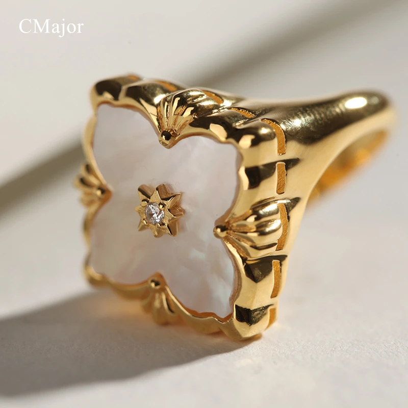 

CMajor S925 Silver Jewelry Italian Style White Shell Four-Leaf Clover Vintage Fashion Rings For Women
