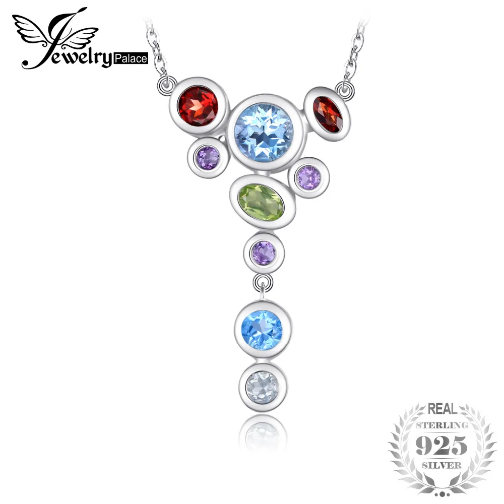 JewelryPalace Luxury 4.2ct MultiColor Genuine Amethyst Garnet Peridot Blue Topaz Pendant Necklace 925 Sterling Silver 18 Chain