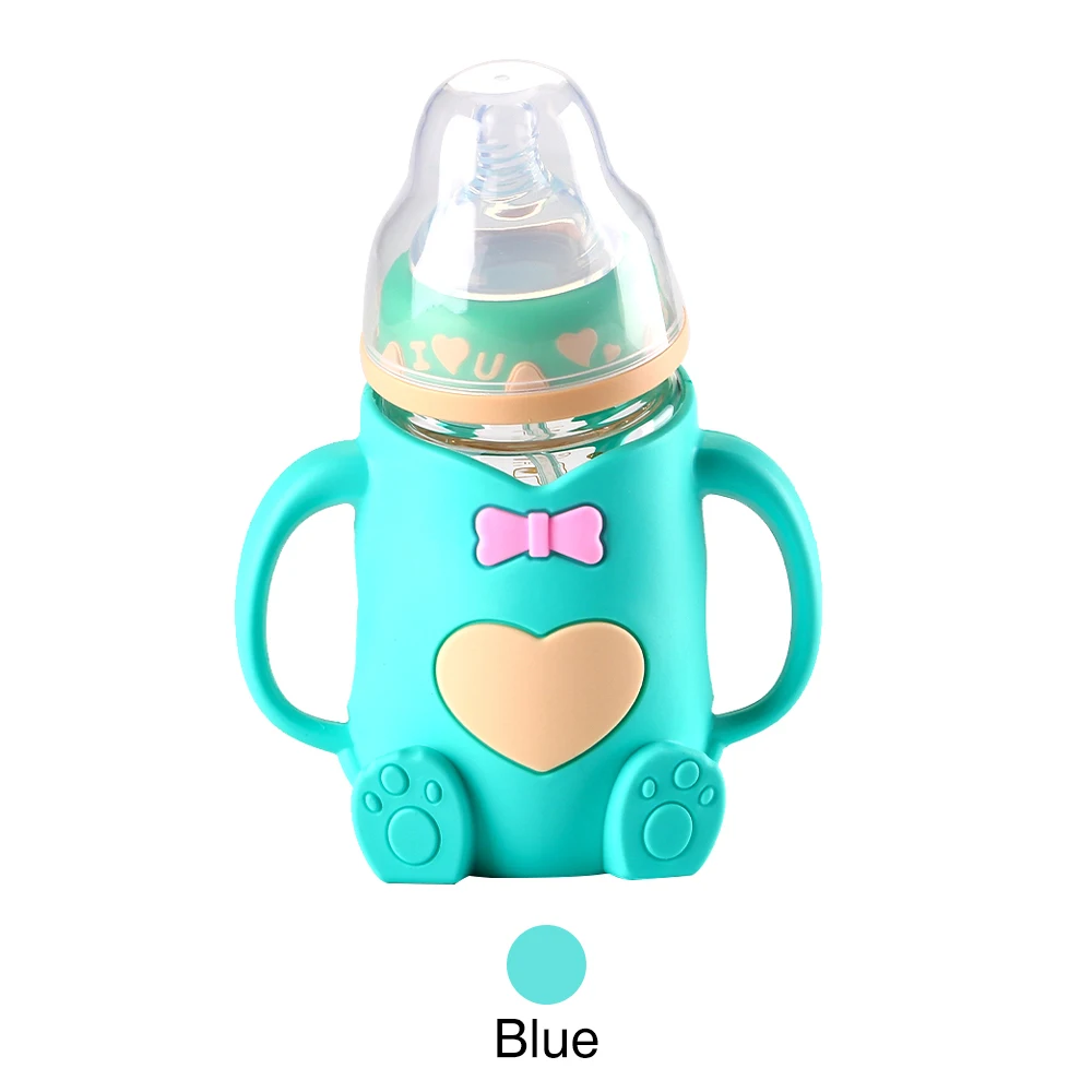 Анти-flatulence детское молоко бутылочка для кормления 240 мл Младенческая силиконовая бутылочка для кормления анти-осень широкий калибр стеклянные бутылки с ручкой - Цвет: Blue Green(Heart)