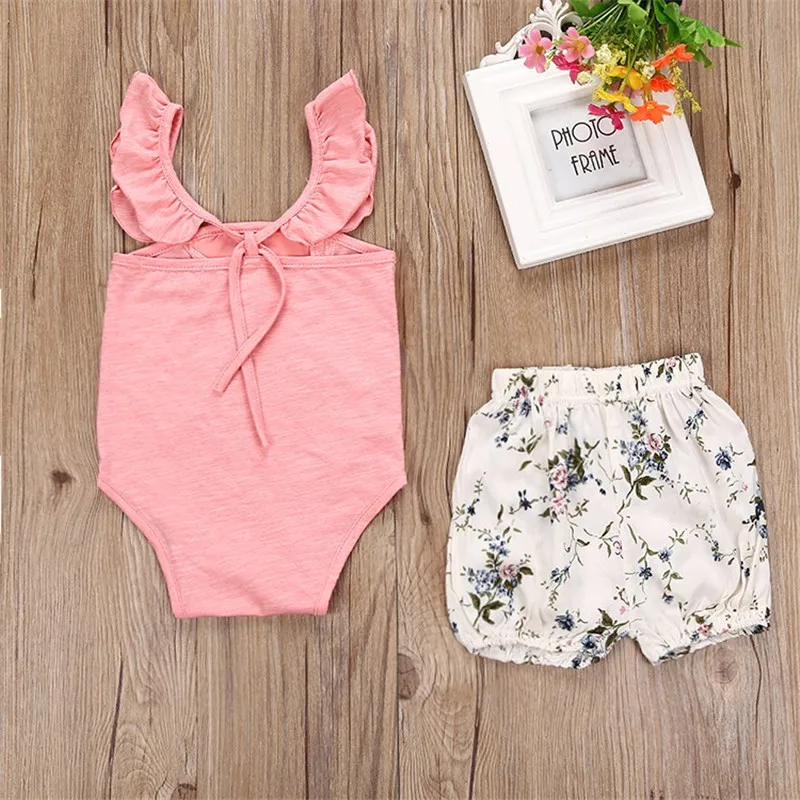 Newborn Baby Girls Summer Clothes Sets Cute Pink Bodysuit Cotton Top+ Floral Printing Shorts 2PCS Summer Clothes Outfits