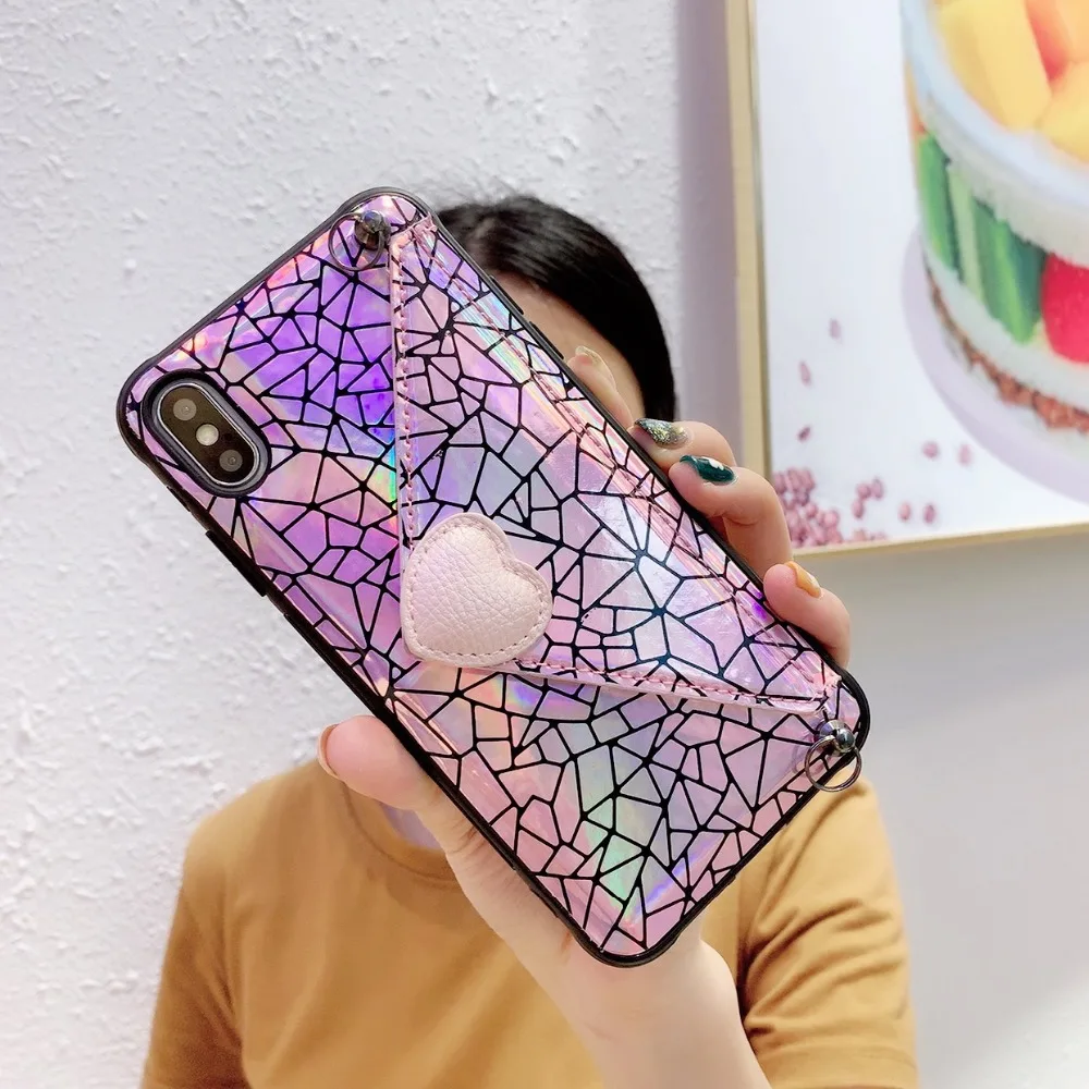 Cases For iPhone X Xr Xs Max Case Korean Laser Love Heart Flip Leather Stand Wallet Neck Strap Case For iPhone 7 8 6S Plus Cover (11)