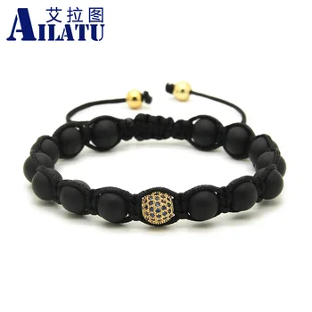 

Ailatu Wholesale 10pcs/lot Nautral Matte Onyx Stone Beads with 9mm Blue Micro Paved Blue Zircons Braiding Macrame Cz Bracelet