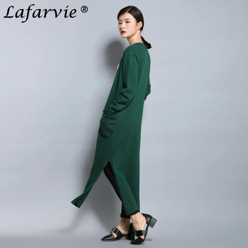 Lafarvie Quality Spring&Autumn New Fashion Long Cardigan Full Sleeve pocket Female Knit cardigan Jacket Hem Open Fork M-XXL