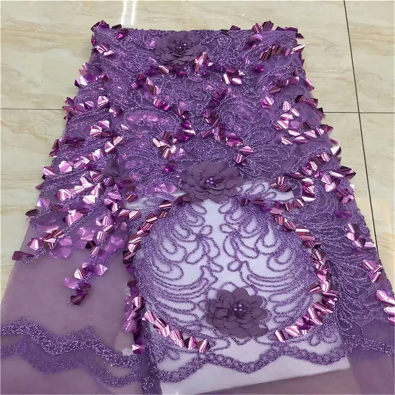 

2019 Latest purple 3d lace fabric with beads Sequins embroidered tulle net lace fabric for women nice dress tulle beaded fabric