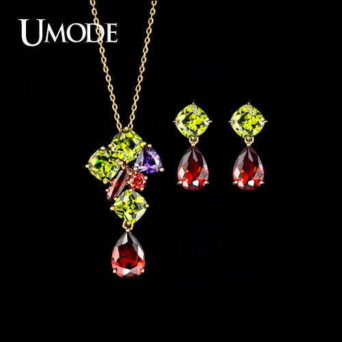 

UMODE Brand Rose Gold Color Multicolor Top Grade CZ Earrings and Pendant Necklaces Set For Women Jewelry Sets Hot Gifts AUS0015
