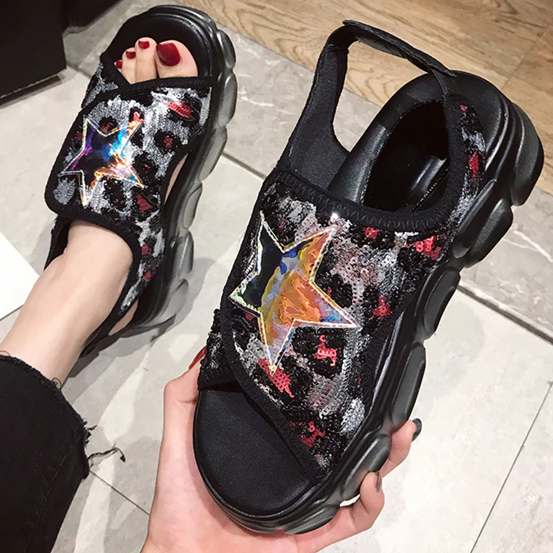 

Perixir New Sequins Sports Sandals Fashion Street Shoot Shoes Woman Hook & Loop Sandals Stars Leopard Platform Shoes Size 36-41