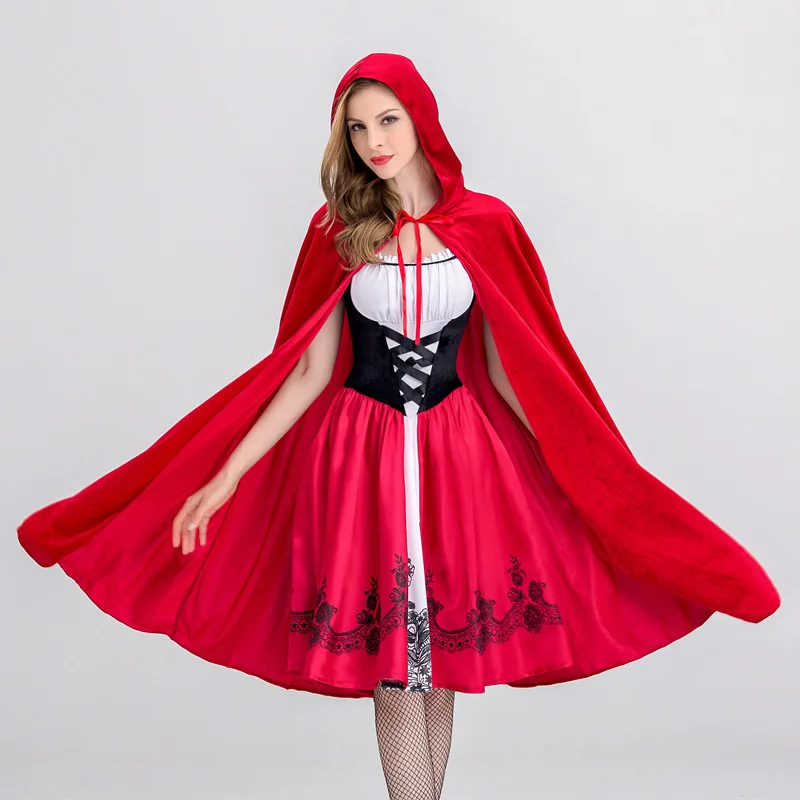 Women Halloween Costume Adult Little Red Riding Hooded Robe Lady