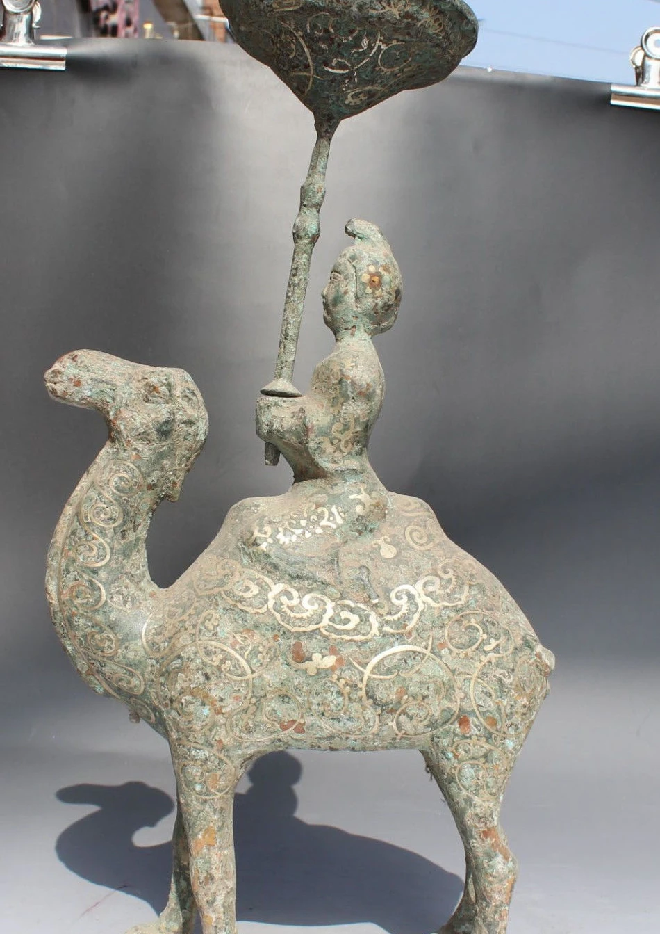 

FREE SHIPPING 18" Chinese Bronze Silver Women Ride Camel Candle Holder Candlestick Statue