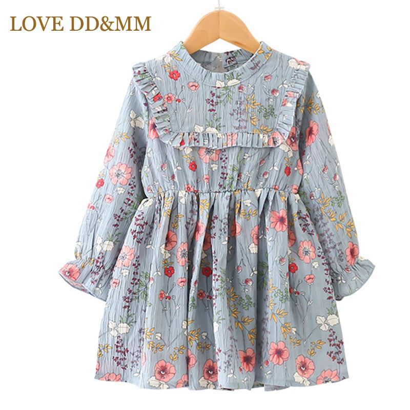 

LOVE DD&MM Girls Dresses 2019 New Children's Clothing Girls Pleated Hem High Collar Lotus Chiffon Dress Loose Floral Clothes