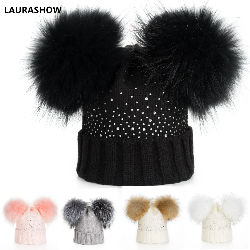 Ilovethepersonwhohatesme Vente Laurashow Hiver Bebe Reel Vison Boule De Fourrure Bonnet Epais Tricot Chapeau Enfants Chaud Raton Laveur Pom Poms Skullies Bonnets Laine Cap Pas Cher En Ligne