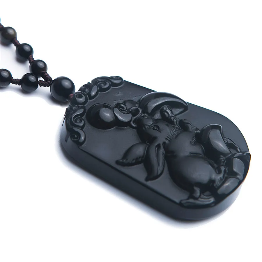 Black Genuine Gemstone Natural Obsidian Pendant Women Femme Men Rabbit Animal Crystal Natural Stone Necklaces Pendant 493310m (2)