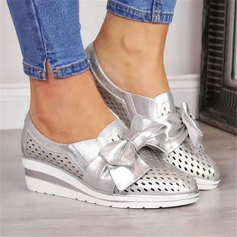 Oeak/Женская обувь на плоской платформе с бантом; женские лоферы; модная женская повседневная обувь без застежки из искусственной кожи; Zapatos De Mujer; - Цвет: silver