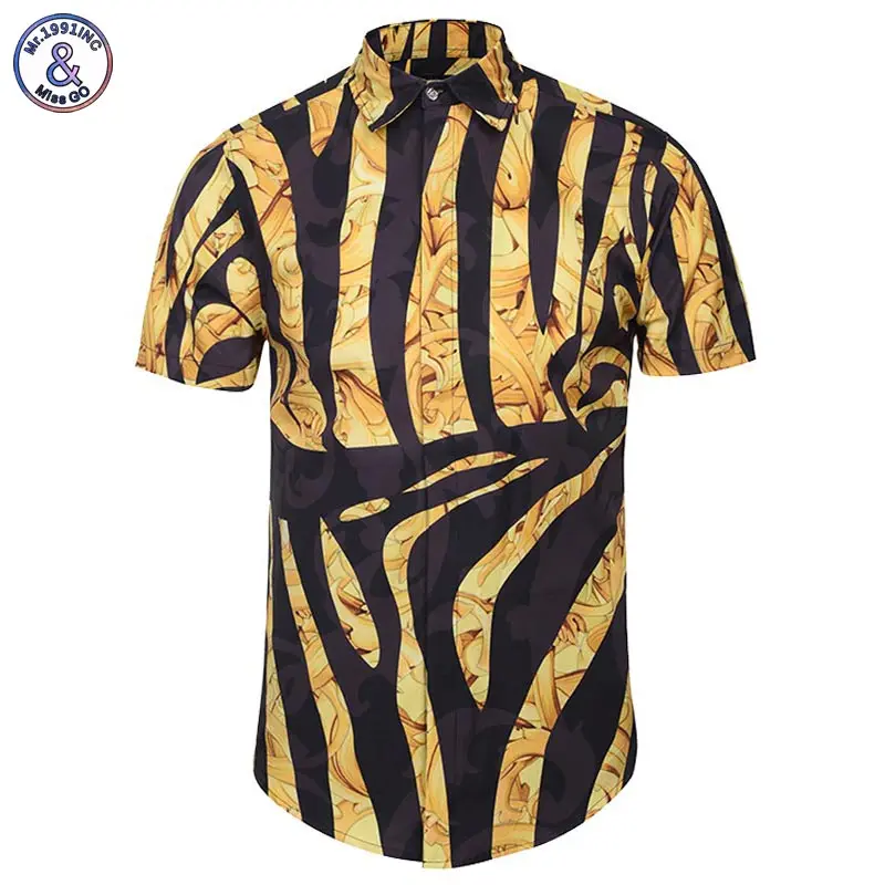 

Mr.1991INC New Fashion Brand Shirt Men Summer Short Sleeve Golden Flowers Print Striped Shirts Casual 3d Shirts