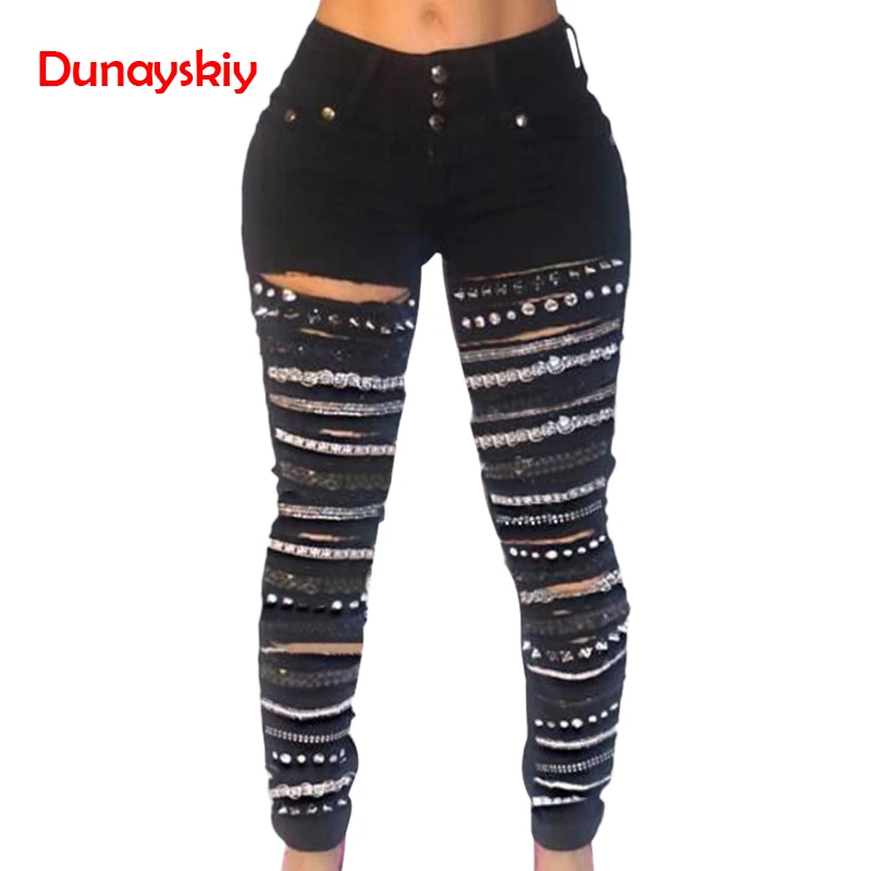 

2019 New Spring Three-button High-waist Hole Gold Chain Women's Ripped Jeans Casual Vintage Holes Boyfriend Jeans for Women