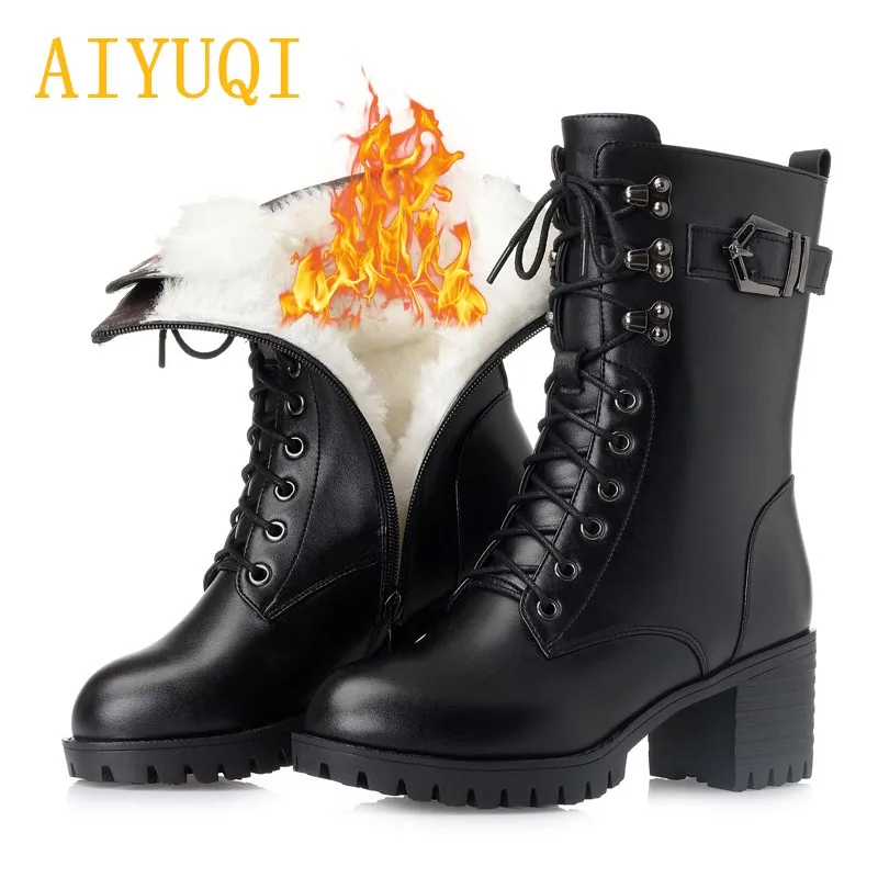 

2019 new winter genuine leather women Military boots, high-heeled women motorcycle boots, wool warm platform female snow boots