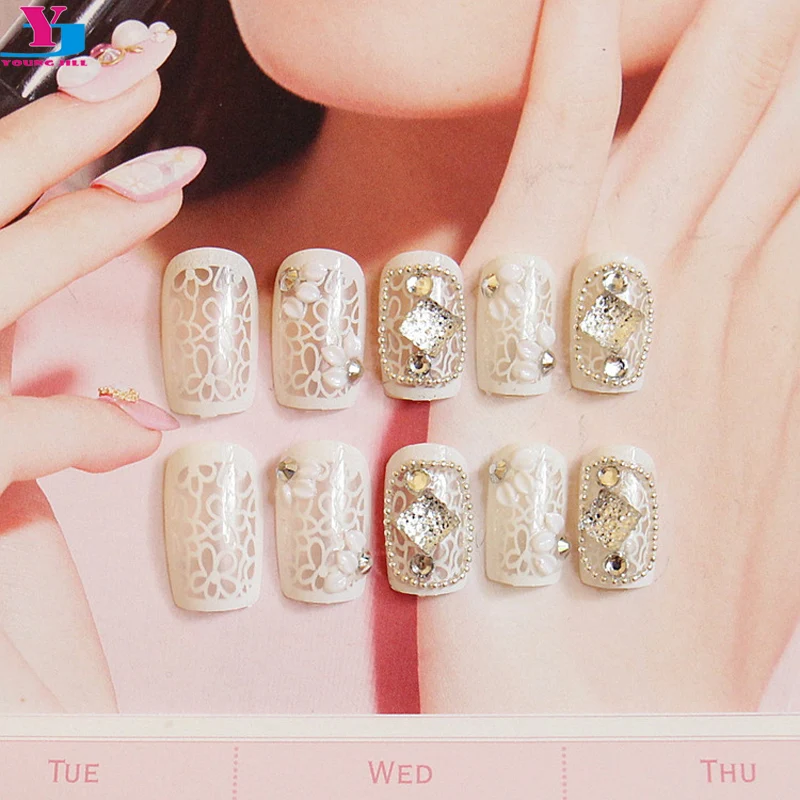 Us 226 19 Offnew Sexy Full Lace Fake Nails Strass Unha Pre Design Nail Tips Adhesive Unghie Finte Faux Ongles Avec Colle Acrilico Maquiagem In