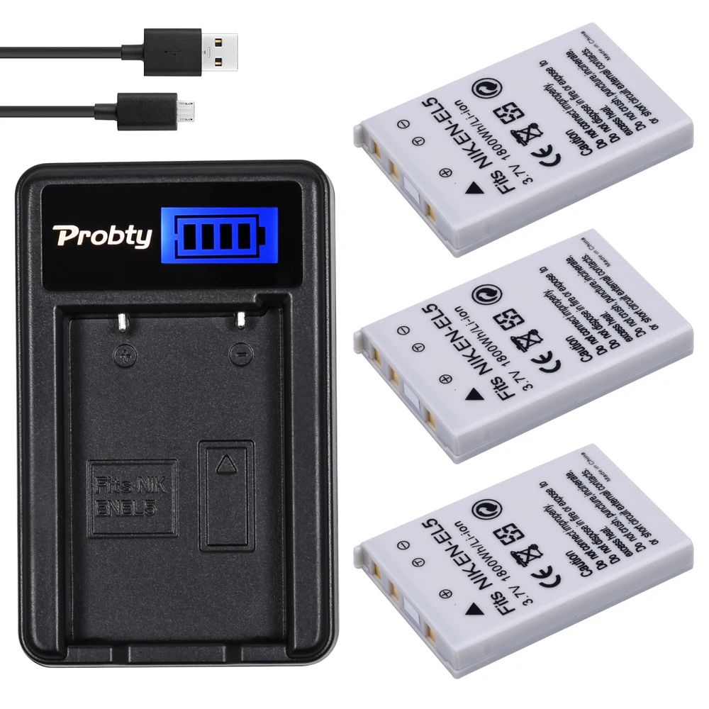 PROBTY 3Pcs EN EL5 EN EL5 Li ion Camera Battery + LCD USB Charger For
