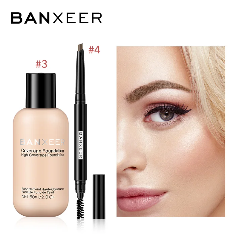 BANXEER Foundation+ Eyebrow Pencil Cosmetic Set Drak Brown Eyebrow Waterproof Long Lasting Foundation Concealer Makeup