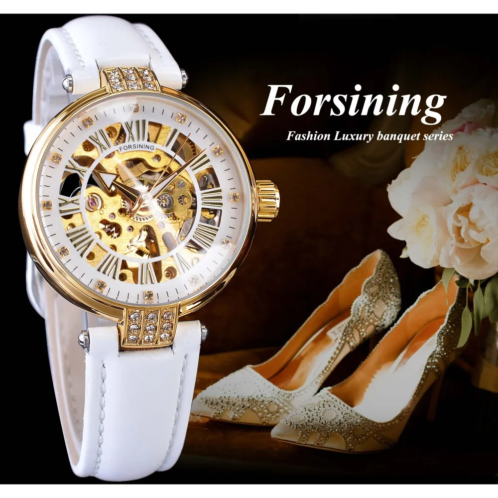 Forsining White Golden Mechanical Automatic Transparent Open Work Ladies Women 2019 Fashion Skeleton Wristwatch Top Brand Luxury