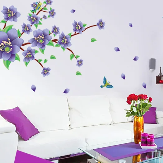 Elegant Purple Flowers Wall Sticker Home Decor Living Room TV