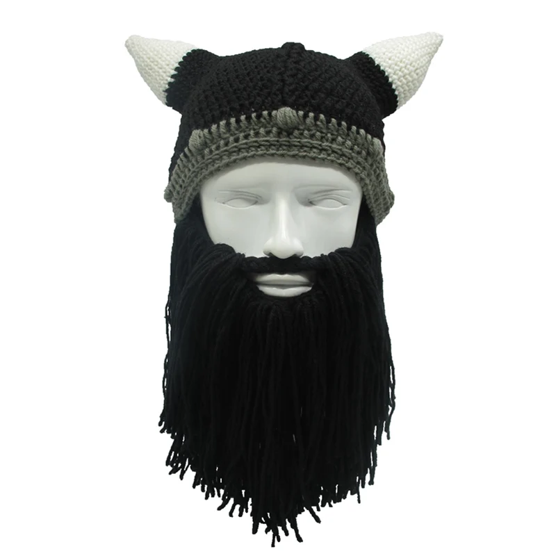 Handmade Wig Beard Viking Beanies Hat Horn Winter Cap For Men Crochet Dad Hat Winter Male Cap Halloween Gifts Party Cap SKullcap - Цвет: black