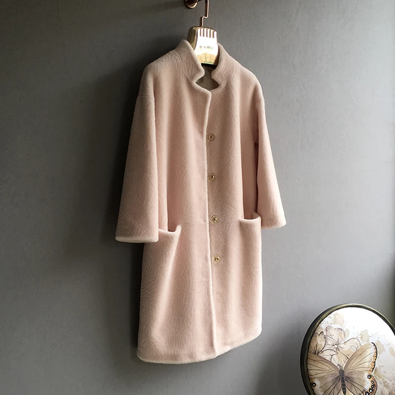 Femmes Marque Longue black Pink Beige Véritable light wine Luxe pink Manteaux D'hiver Veste red Naturel Épais Fourrure Mouton De Col 2018 Oftbuy Laine grey brown Parka Red Manteau Debout Zpxvpz
