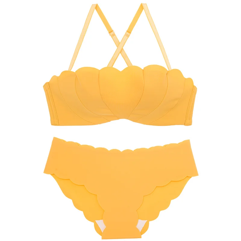 

Wasteheart New Women Fashion Yellow Pink Sexy Lingerie Sets Wireless Cotton Panties Padded Push Up Bra Sets Underwear One-Piece