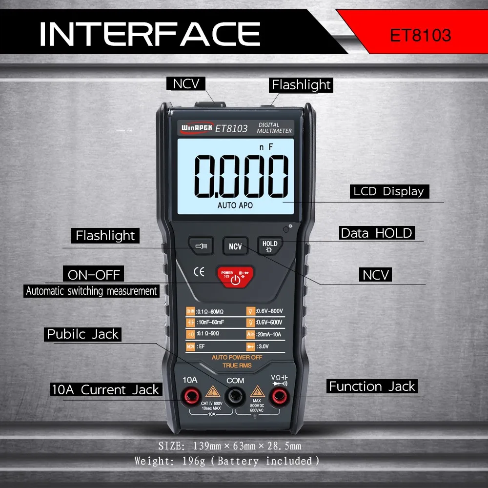 ET8103 полный интеллектуальный цифровой мультиметр NCV True RMS сопротивление напряжения диод мини портативный мультиметр измерительный инструмент