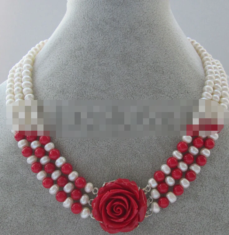 

1008 natural white freshwater pearl & red coral necklace - flower